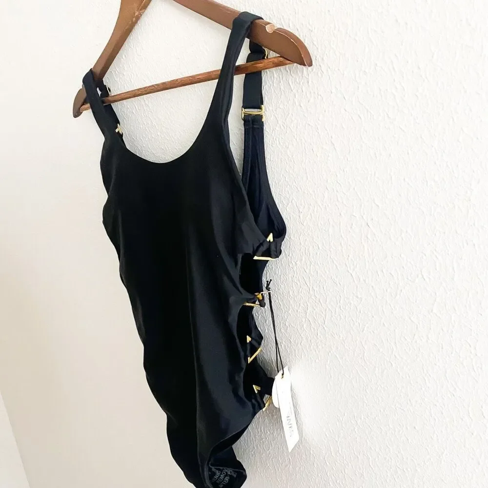 Swiminista Peaceful Black One Piece Gold Hardware with Cutouts New Small